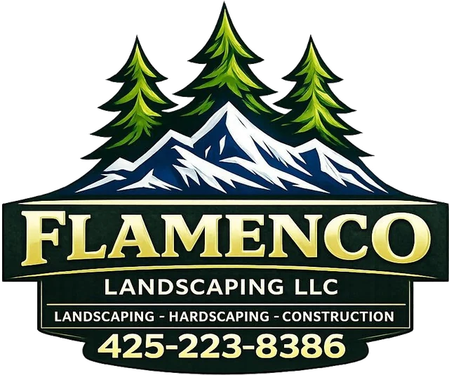 Flamenco Landscaping LLC logo: three fir trees over a snowy mountain, with the phone number 425-223-8386